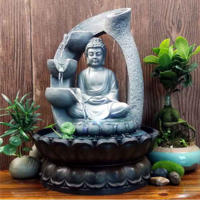 Elegant Grey Buddha 3 Tier Water Feature with multi-coloured lights, perfect for creating a serene indoor or outdoor oasis.