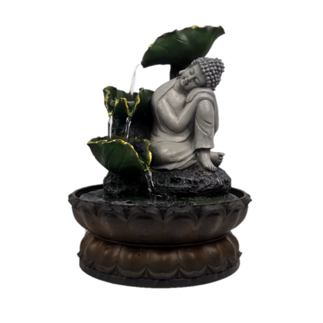 Serene Buddha surrounded by tiered lotus leaves with multi-colored lights, perfect for creating a calming indoor or outdoor space.