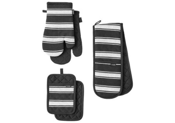 Classic black and white striped double oven mitt set of 3, crafted for heat protection and kitchen style.