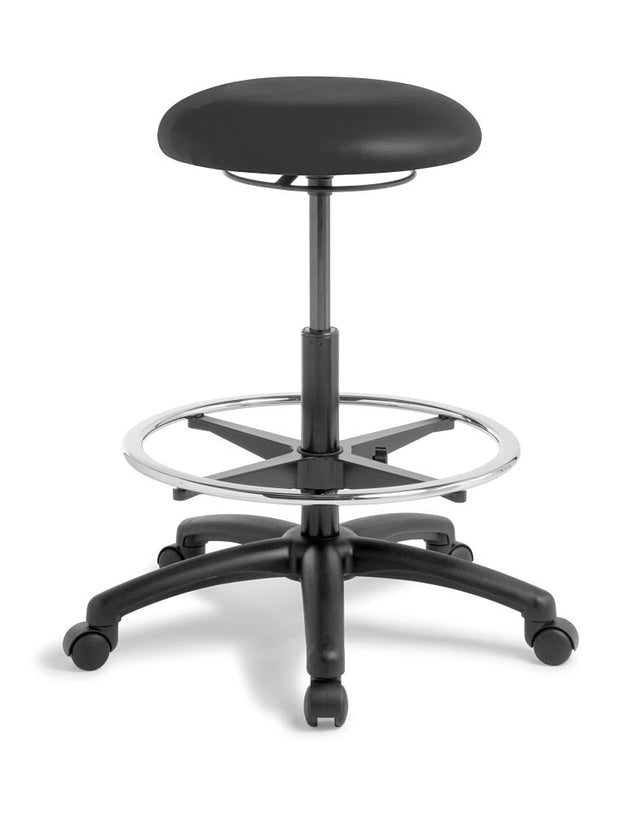 Adjustable black vinyl stool with footring, gaslift height adjustment, and 5-star swivel base for comfort and versatility.
