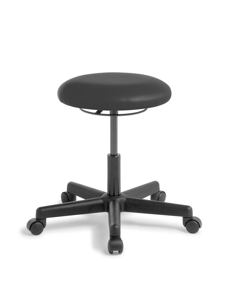 Adjustable black stool with vinyl upholstery, 5-star swivel base, and gaslift for customizable height.