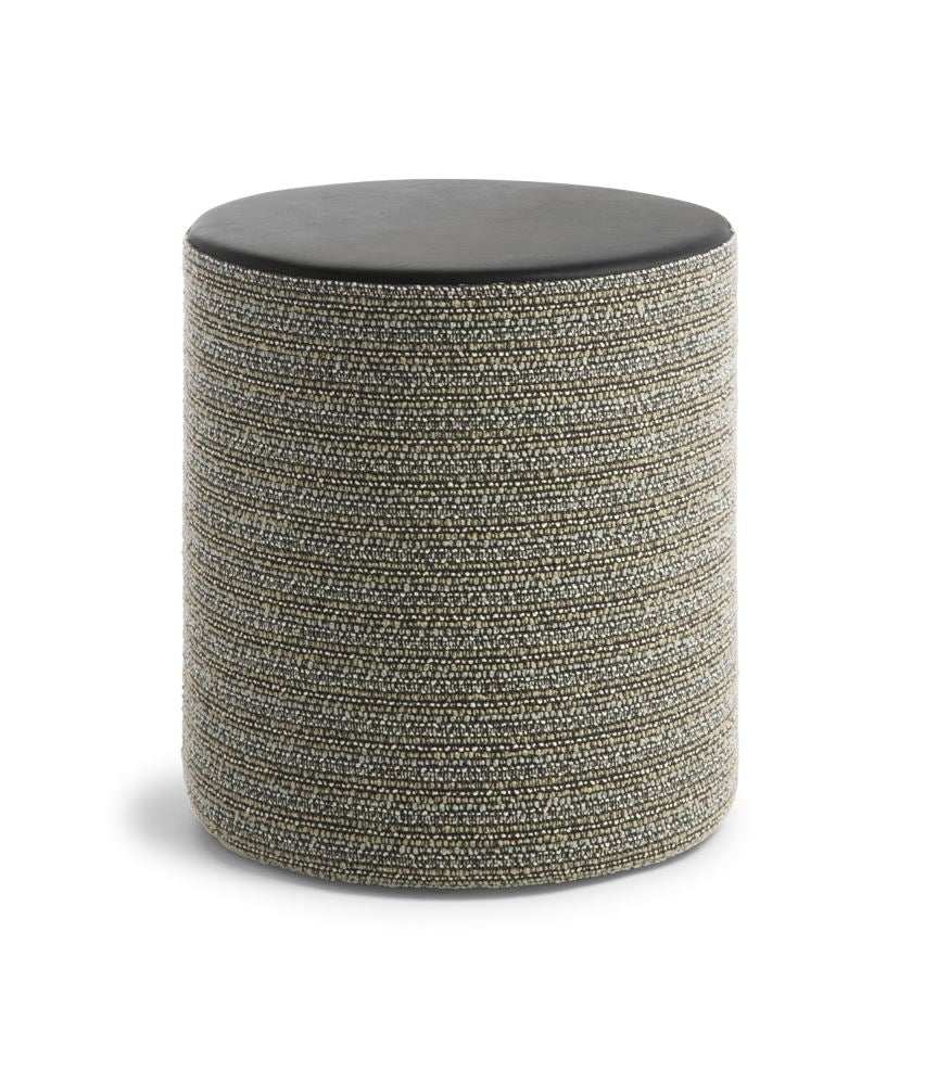 Sleek black leather-top ottoman with granite earth sides, padded for comfort, perfect for modern interiors.