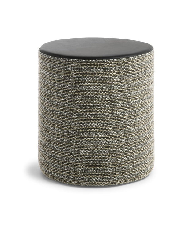 Sleek black leather-top ottoman with granite earth sides, padded for comfort, perfect for modern interiors.