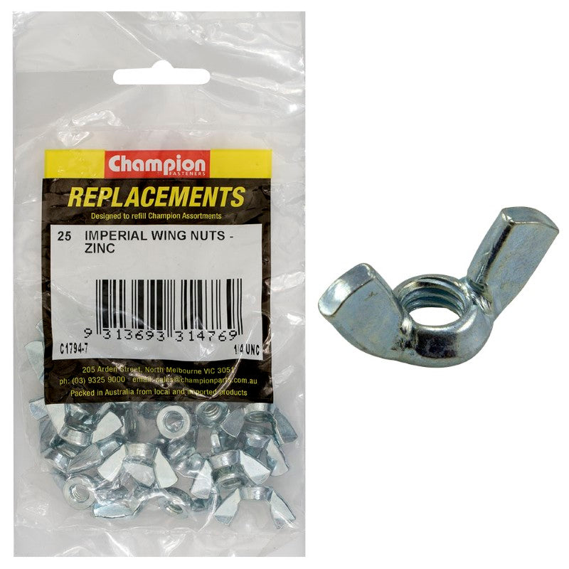 Zinc-plated 1/4in UNC wing nuts in a 25-pack, ideal for secure fastening in various home and automotive projects.