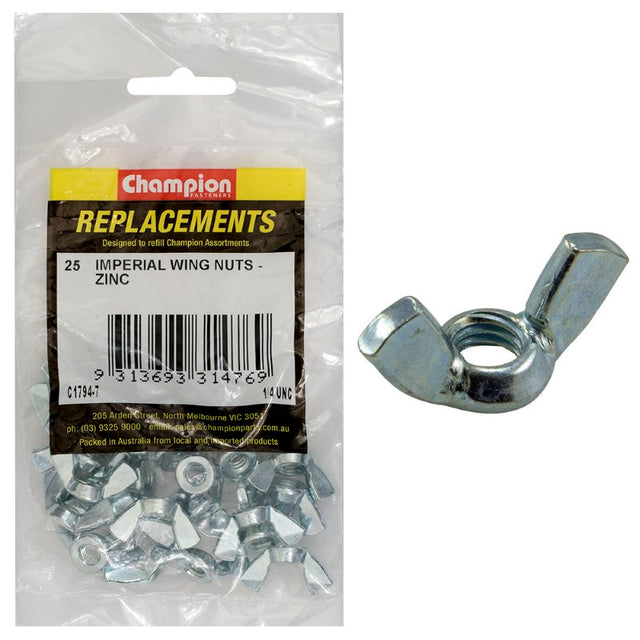 Zinc-plated 1/4in UNC wing nuts in a 25-pack, ideal for secure fastening in various home and automotive projects.
