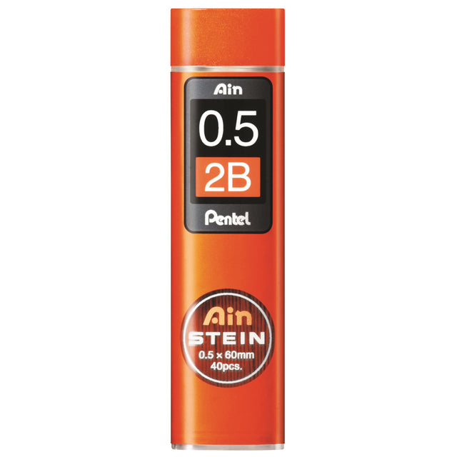 Pentel Ain Stein 2B 0.5mm leads in swivel-top tube, 40 leads per tube, durable, eco-friendly, perfect for precise writing or sketching.