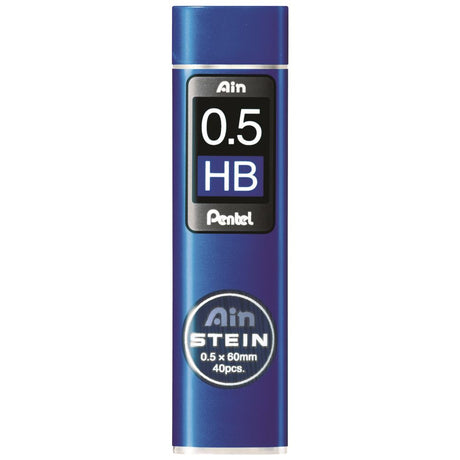 Pentel Ain Stein HB 0.5mm mechanical pencil leads in a swivel-top tube, durable, precision writing, eco-friendly packaging.