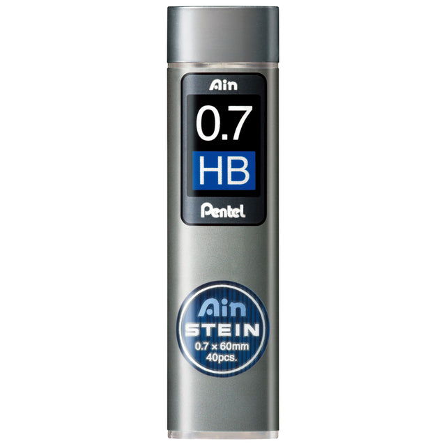 Pack of 12 Pentel Ain Stein HB 0.7mm leads in eco-friendly tubes, designed for durability and smooth writing.