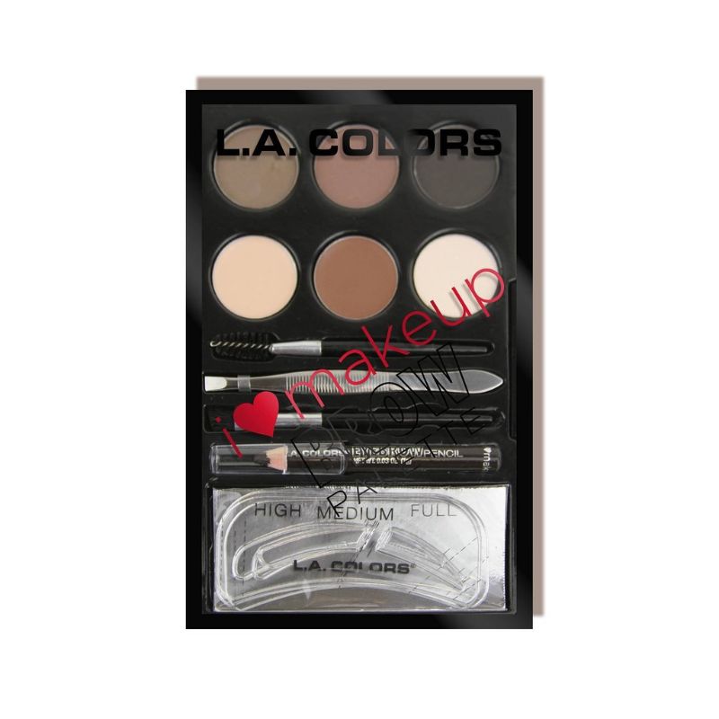 LA Colors I Heart Makeup Brow Palette in Medium-Dark with powders, waxes, highlighter, tools, and stencils for perfect brows.