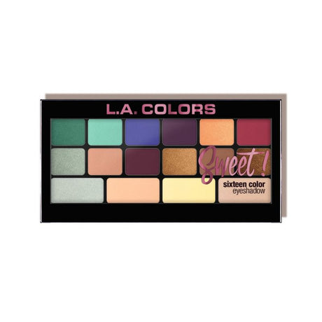 LA Colors Sweet! 16 Colour Eyeshadow Palette in Playful featuring 16 vibrant shades in matte, shimmer, and shiny finishes.