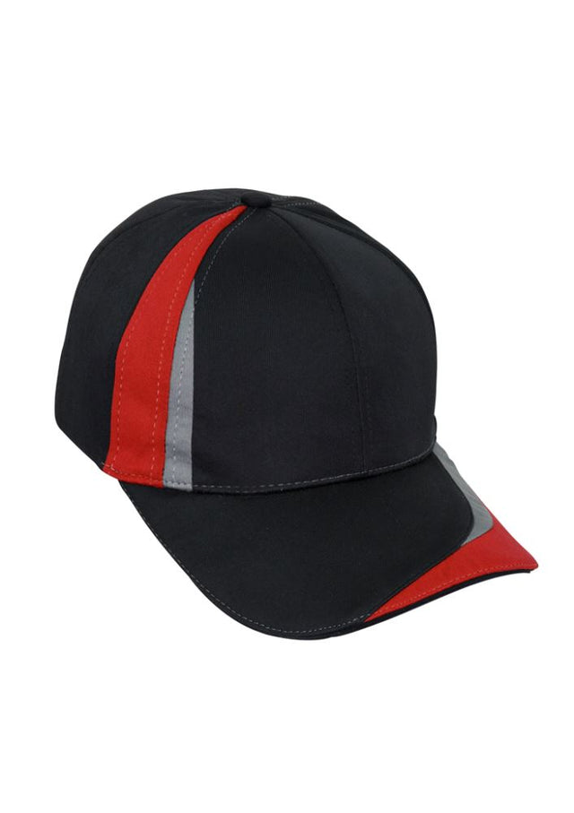 Unisex Charger Cap in black, red, and grey; features antibacterial fabric, UPF protection, and adjustable fit for comfort.