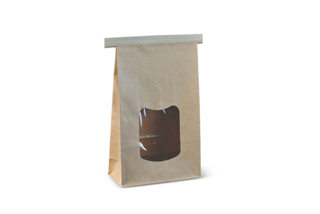 Large brown tin tie bag pack of 50, poly-lined for freshness, ideal for packaging dry foods with a transparent window.