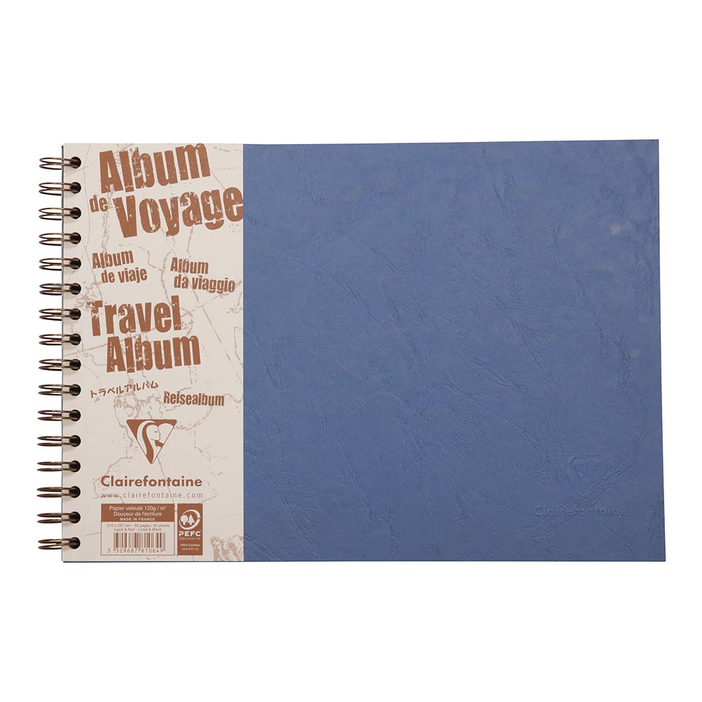 Stunning blue A4 travel album combining lined paper for writing and blank pages for photos, perfect for adventure memories.