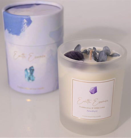 Crystal soy wax candle featuring Hydrangea, Amethyst, Frankincense, and White Lotus, perfect for relaxation with 40 hours burn time.