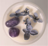 Crystal Soy Wax Candle featuring Hydrangea, Amethyst, Frankincense, and White Lotus for 40 hours of soothing ambiance.