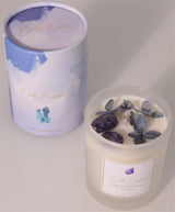 Crystal Soy Wax Candle with Hydrangea, Amethyst, Frankincense, and White Lotus for a serene and aromatic ambiance.