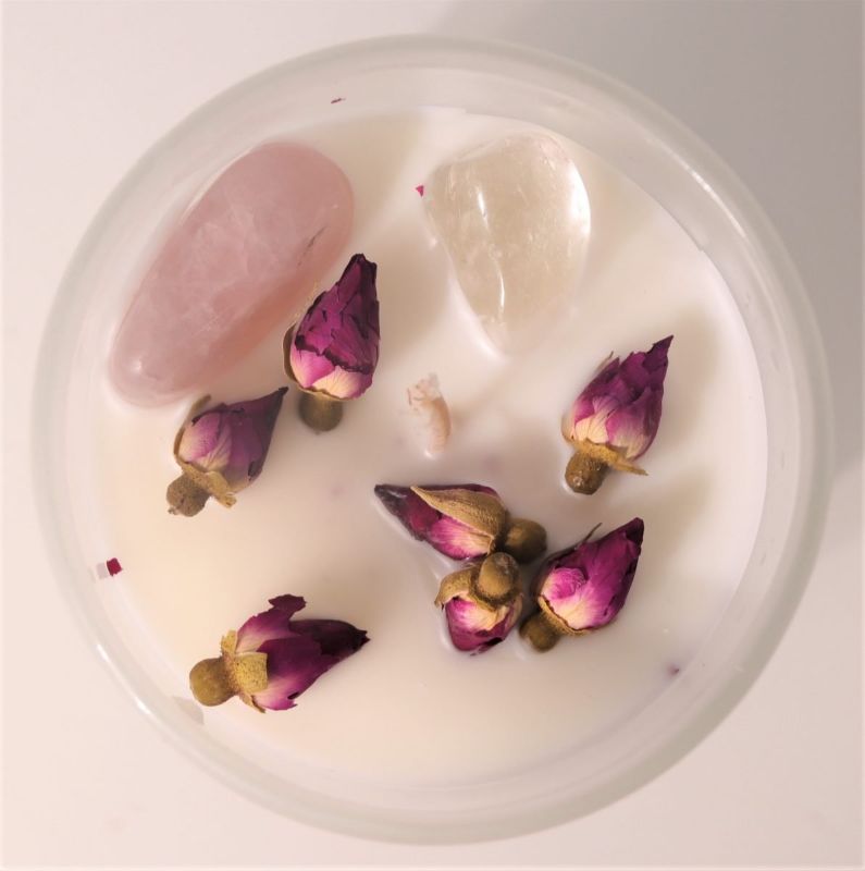 Crystal Soy Wax Candle infused with Rose Quartz, Clear Quartz, Ylang Ylang, and Jasmine for relaxation and positive energy.