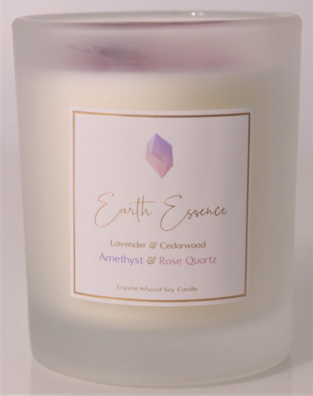 Amethyst Lavender Cedarwood candle with rose petals, natural soy wax, 40-hour burn time, perfect for relaxation.