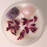 Luxurious Crystal Soy Wax Candle with Amethyst, Lavender, Cedarwood, and Rose Petals, perfect for relaxation and decor.