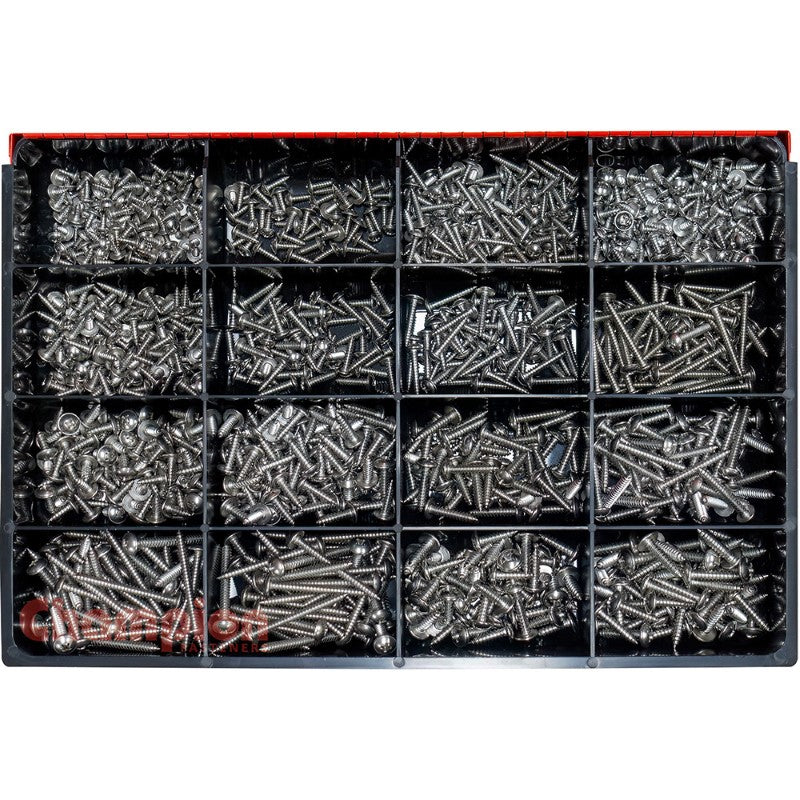 Champion 1150pc SS Mushroom Head S/Tapping Screw Master Kit featuring 1150 marine-grade stainless steel screws in 15 sizes.