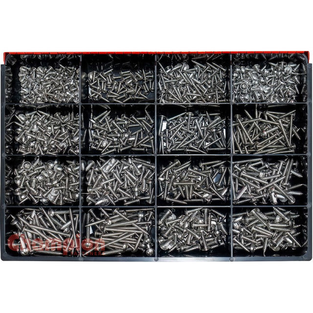 Champion 1150pc SS Mushroom Head S/Tapping Screw Master Kit featuring 1150 marine-grade stainless steel screws in 15 sizes.