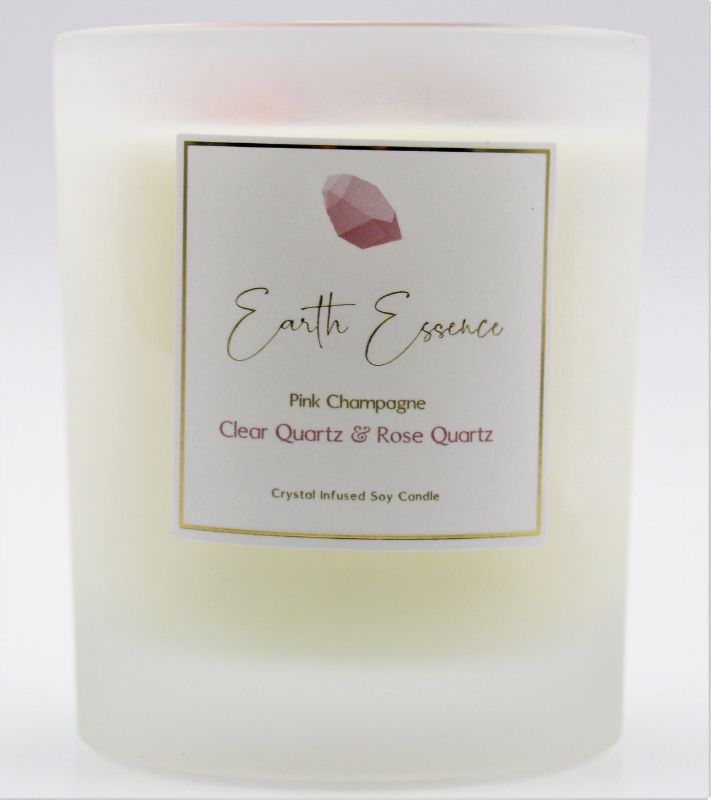 Soy Wax Candle - Crystal Pink Champagne with crystals and rose petals, elegant design, 40-hour burn time, 9.3cm height.