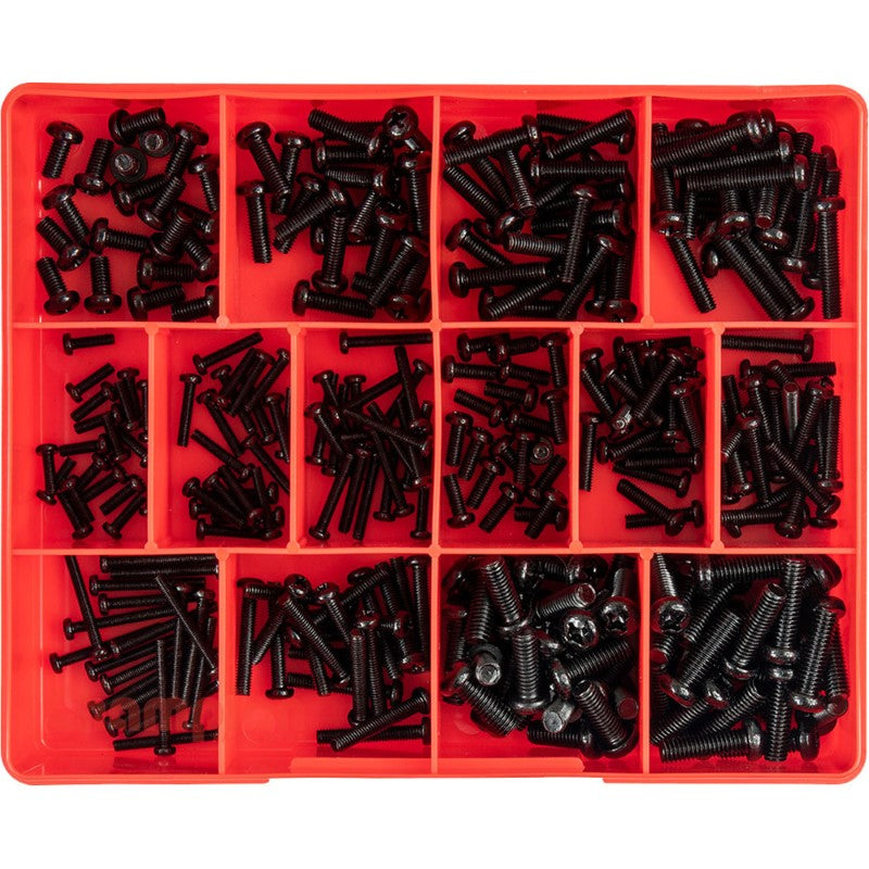 Champion 300pc Metric Black Machine Screw Assortment with 14 sizes, Phillips head drive, ideal for various DIY and professional projects.
