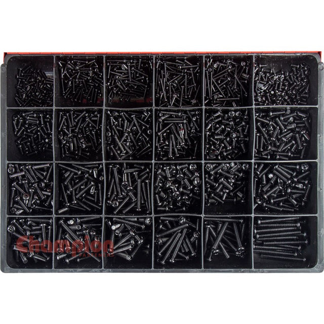 Champion 1785pc Metric Black Machine Screw Master Kit with 1785 screws in various sizes, featuring black zinc plating and Phillips heads.