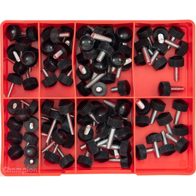 Champion 90pc metric round knurled thumb screws set, zinc-plated, three sizes for easy hand tightening; perfect for DIY projects.