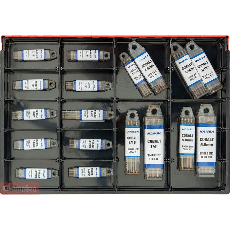 Champion 180pc Cobalt Drill Bit Master Kit showcasing a versatile range of durable cobalt steel drill bits for various materials.