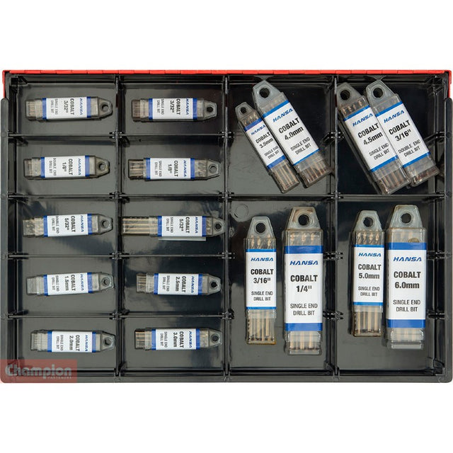 Champion 180pc Cobalt Drill Bit Master Kit showcasing a versatile range of durable cobalt steel drill bits for various materials.