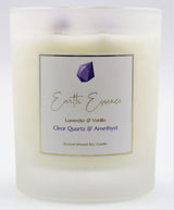 Soy wax candle with lavender vanilla scent, crystals, and dried flowers, measuring 9.3cm for 40 hours of calming ambiance.