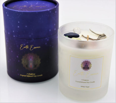 Soy Wax Candle featuring Crystal Chakra and White Sage, 9.3cm, with natural gemstones for balance and a soothing aroma.