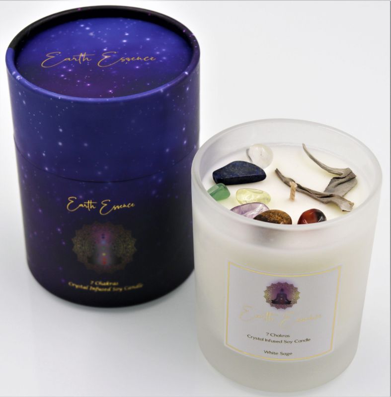 Soy wax candle infused with white sage and crystals for balance, harmony, and a soothing aroma; 40-hour burn time.