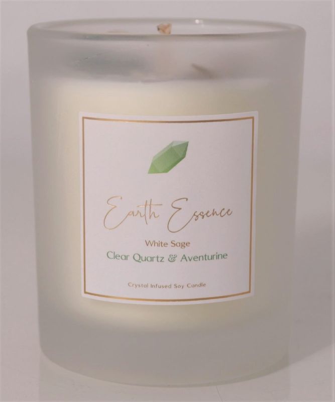 Crystal Soy Wax Candle - White Sage Clear Quartz and Aventurine