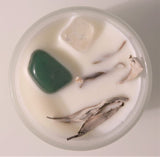Crystal Soy Wax Candle with White Sage, Clear Quartz, and Aventurine, promoting relaxation and cleansing energy.