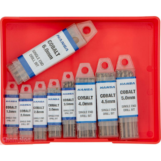 Cobalt drill bit set featuring 90 pieces in 9 metric sizes (1.5mm to 5mm) for precision drilling in various materials.