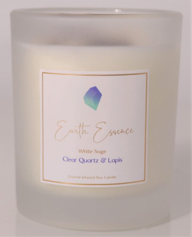 Crystal Soy Wax Candle - White Sage Clear Quartz and Lapis