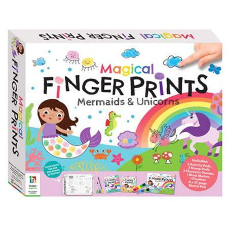 Colorful Finger Prints Kit with stamps and sketch pad for creative kids, featuring 96 themed activity pages for imaginative play.