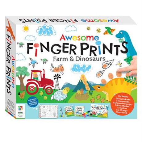 Colorful Finger Prints Kit for kids, featuring 96 activity pages, ink pads, stamps, and drawing tools for creative fun.