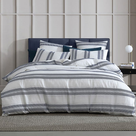 Super King Duvet Cover Set in Cadet Navy featuring textured stripes, ideal for summer elegance and chic bedroom decor.