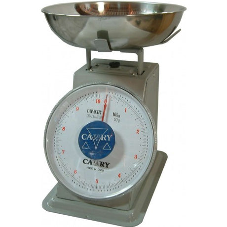 Clockface table scale with a 10kg capacity and 50g graduations, perfect for precise weight measurements in cooking.