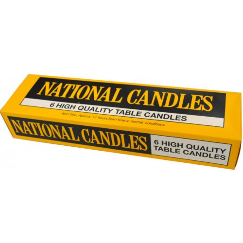 High-quality 'National' Candles 6-pack; non-drip, 11-hour burn time, perfect for home ambiance and special occasions.