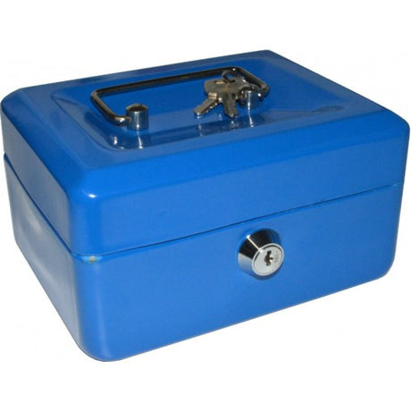 Blue locking cashbox with coin tray, measuring 150x120x80mm, perfect for secure cash storage in various settings.