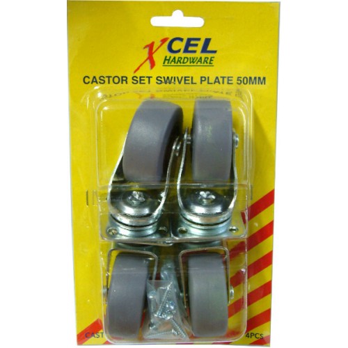 Set of 4 swivel castors with 50mm rubber tyres for smooth movement, ideal for furniture and DIY projects.