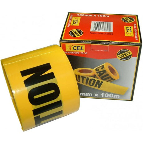 Yellow "Caution" barrier tape, 100mm x 100m, designed for safety marking in hazardous areas and preventing access.