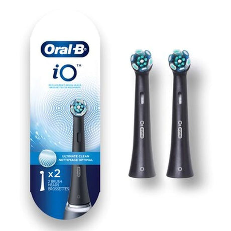 Black Braun Oral-B iO 2pk brush head refills designed for ultimate cleaning, featuring tufted bristles for deep plaque removal.