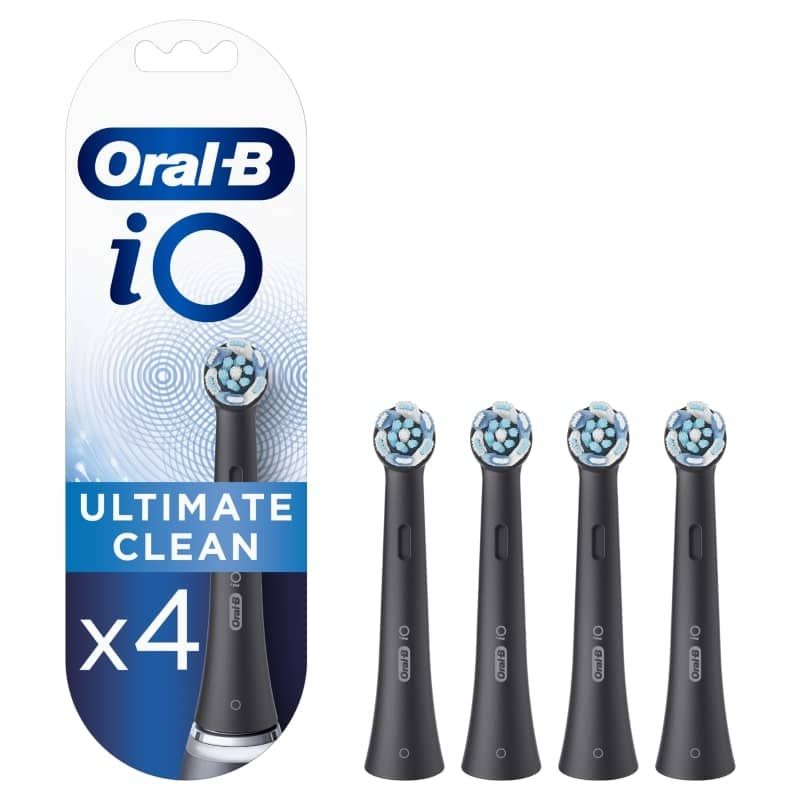 Braun Oral-B iO 4pk Ultimate Cleaning brush head refills featuring micro-vibration tech for effective plaque removal and gum care.