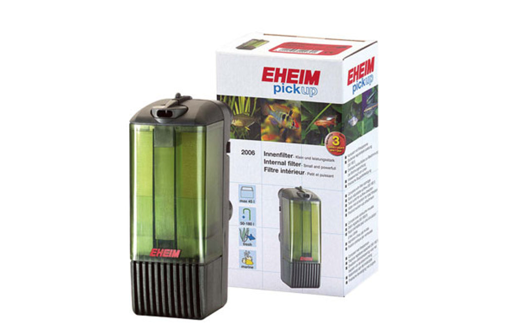 Compact Eheim Pickup 45 filter for aquariums, offering efficient multi-stage filtration and adjustable flow rates.