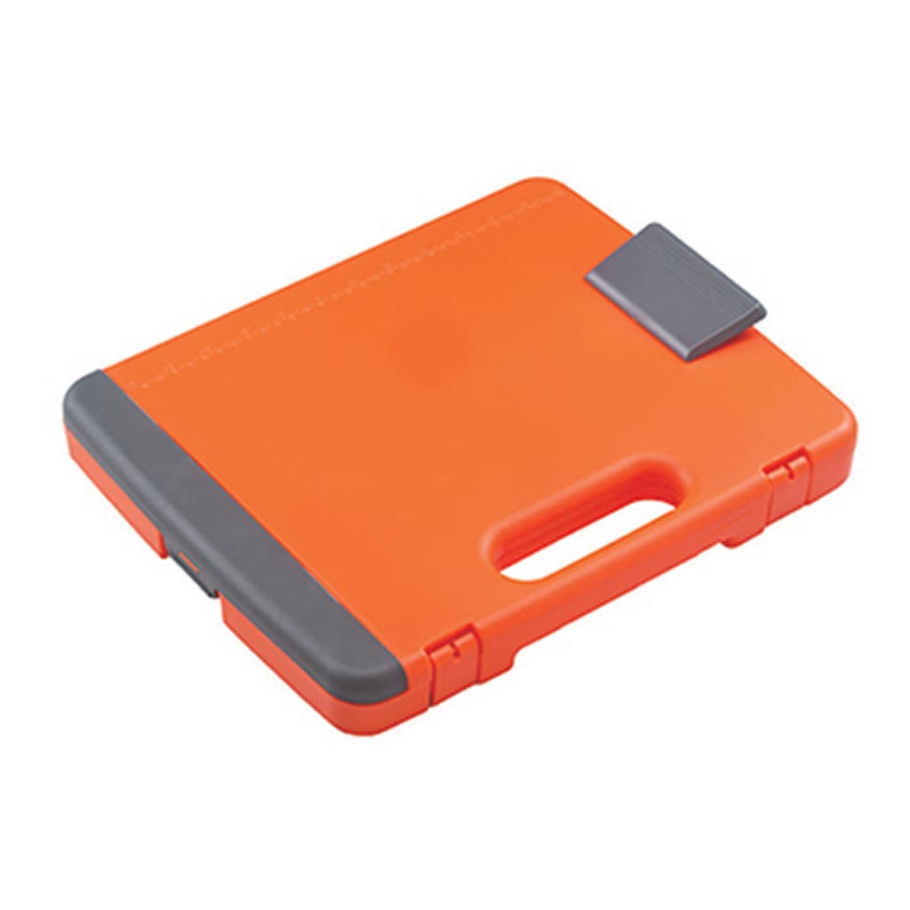 Hi-vis orange and gray OSC Storage Clipboard with compartments for documents, tablets, and tools, featuring a secure clip and printed ruler.